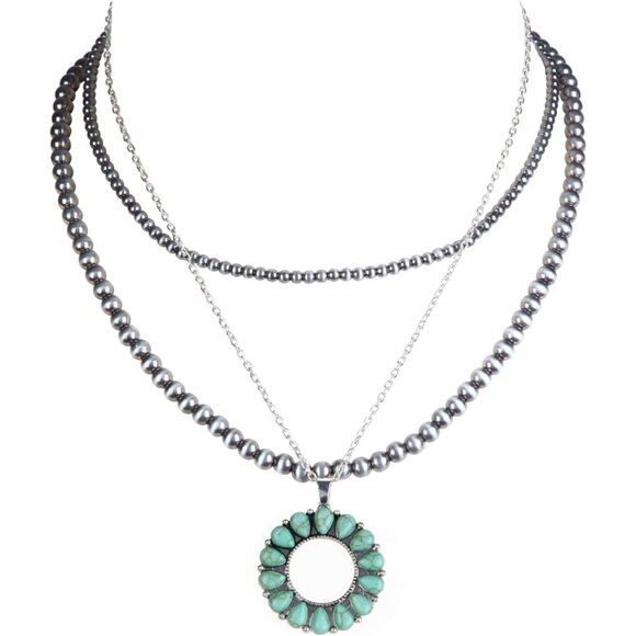 Jewelry - Western Jewelry Navajo Pearl Turquoise Necklace for Women Handmade Layered Long